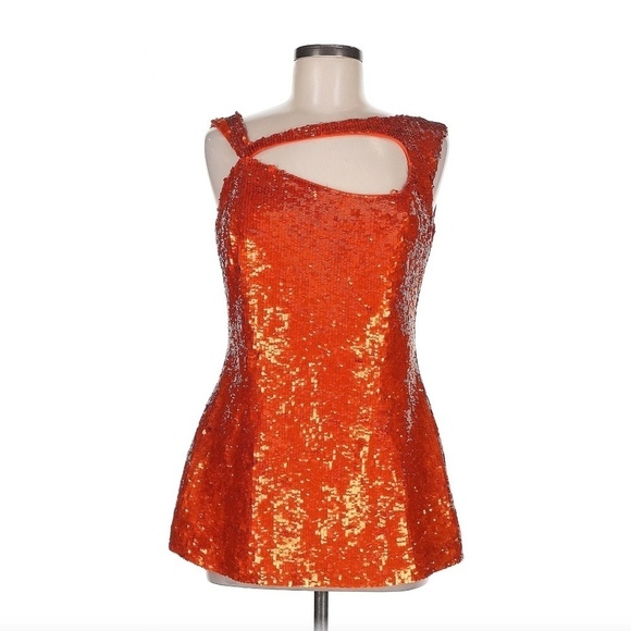 Escada Dresses & Skirts - Escada 'Norelian' Orange Silk Fully Sequined Mini Abstract Cut Out Dress Size 8